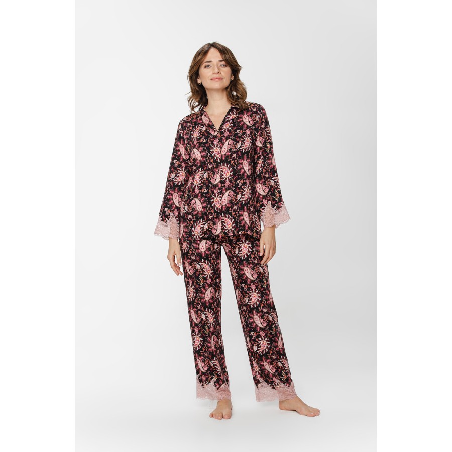 Pijama viscosa negro rosa estampado vista frontal